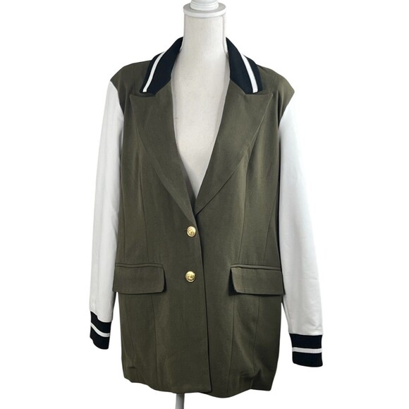 Dolce Cabo Olive Green White Varsity Collegiate Gold Button Long Sleeve Jacket L - Picture 2 of 10